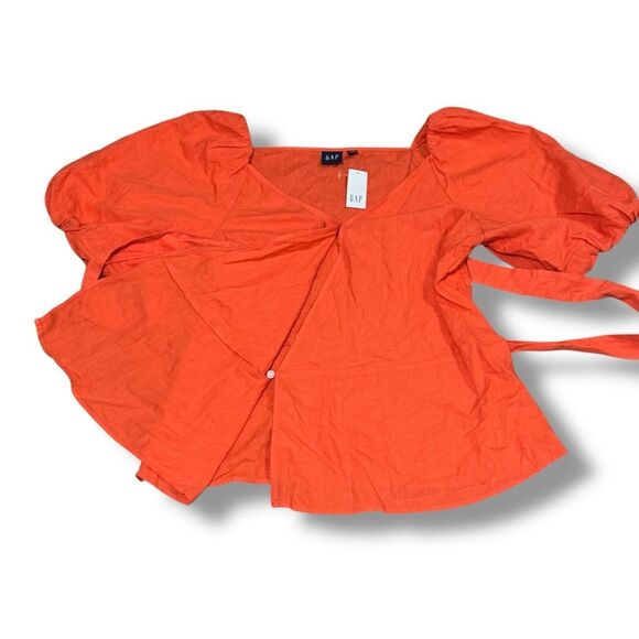 GAP Linen Blend Wrap Top Size Medium Tall Women’s Short Sleeve Blouse - Picture 3 of 6